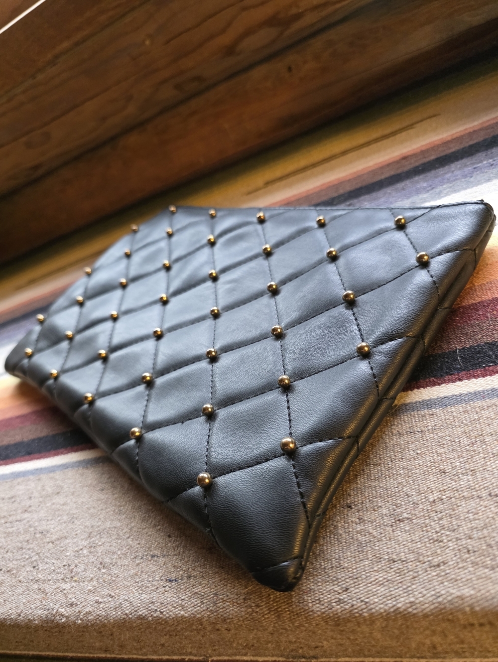 Duex Lux Quilted Black Studded Faux Leather Clutch
